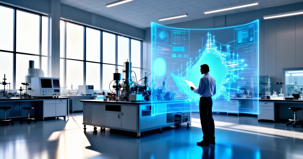 Tutkija modernissa laboratoriossa analysoi suuria datanäkymiä generatiivisen tekoälyn avulla