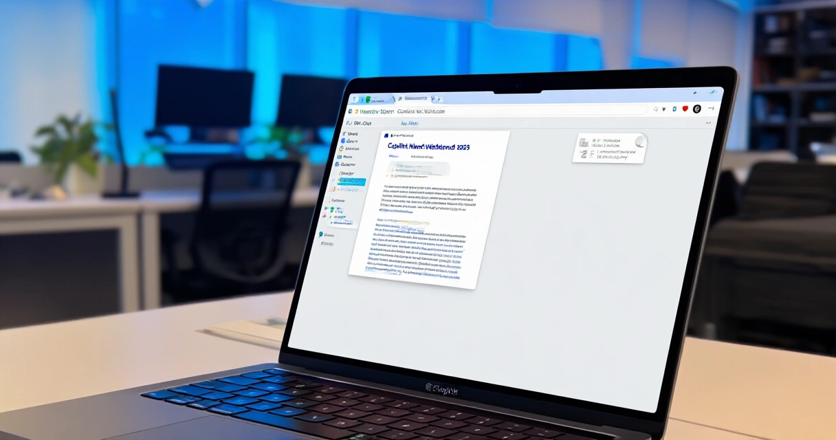 Microsoft Copilot -käyttöliittymä avattuna kannettavalla tietokoneella toimistoympäristössä