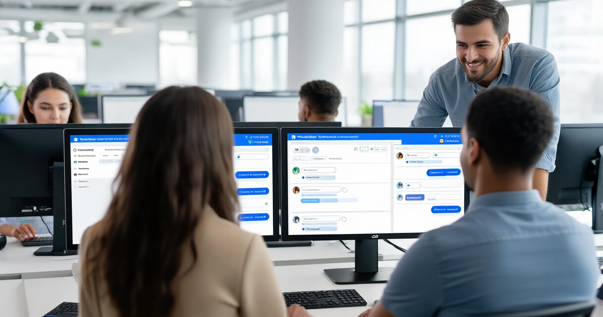 Asiakaspalvelutiimi käyttää tekoälychatbot-alustaa toimistossa